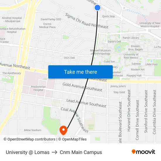 University @ Lomas to Cnm Main Campus map