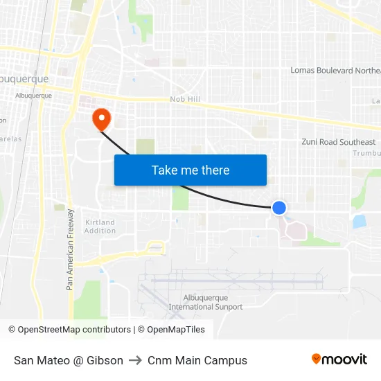 San Mateo @ Gibson to Cnm Main Campus map