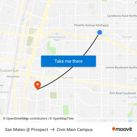 San Mateo @ Prospect to Cnm Main Campus map