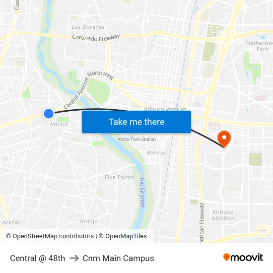 Central @ 48th to Cnm Main Campus map