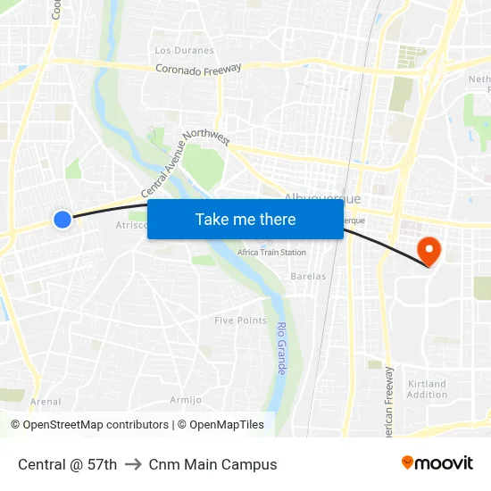 Central @ 57th to Cnm Main Campus map