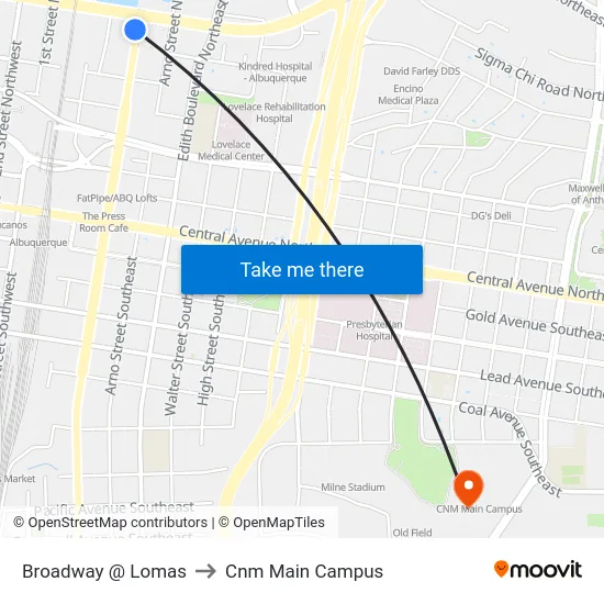 Broadway @ Lomas to Cnm Main Campus map
