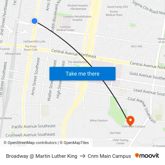 Broadway @ Martin Luther King to Cnm Main Campus map