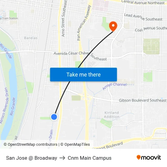 San Jose @ Broadway to Cnm Main Campus map