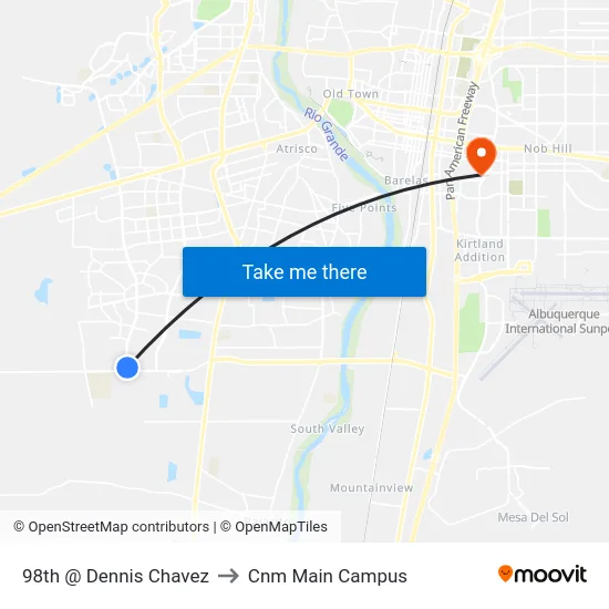 98th @ Dennis Chavez to Cnm Main Campus map