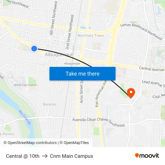 Central @ 10th to Cnm Main Campus map
