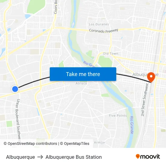 Albuquerque to Albuquerque Bus Station map