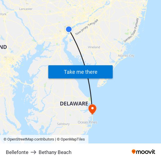 Bellefonte to Bethany Beach map