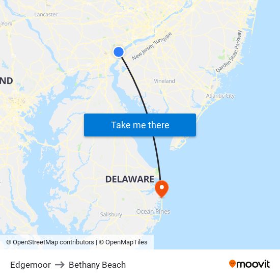 Edgemoor to Bethany Beach map