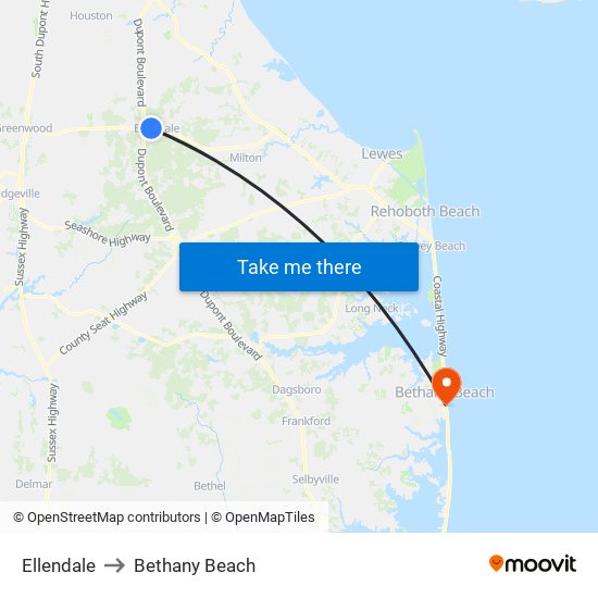 Ellendale to Bethany Beach map