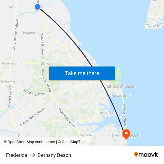 Frederica to Bethany Beach map