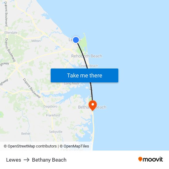 Lewes to Bethany Beach map