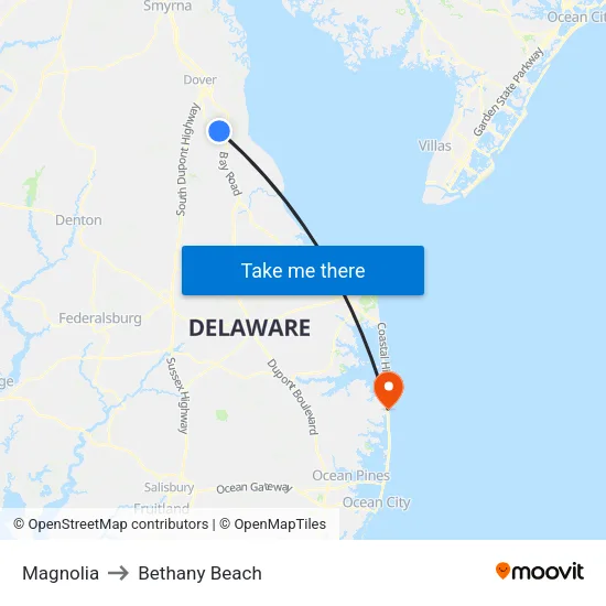 Magnolia to Bethany Beach map