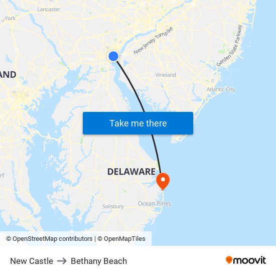 New Castle to Bethany Beach map