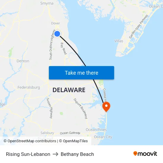 Rising Sun-Lebanon to Bethany Beach map