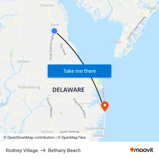 Rodney Village to Bethany Beach map