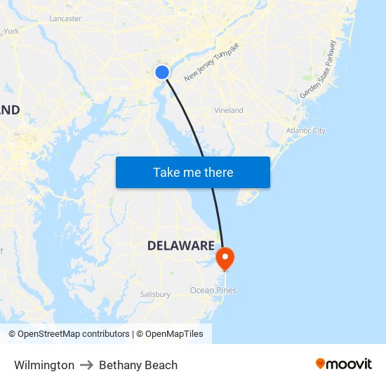 Wilmington to Bethany Beach map