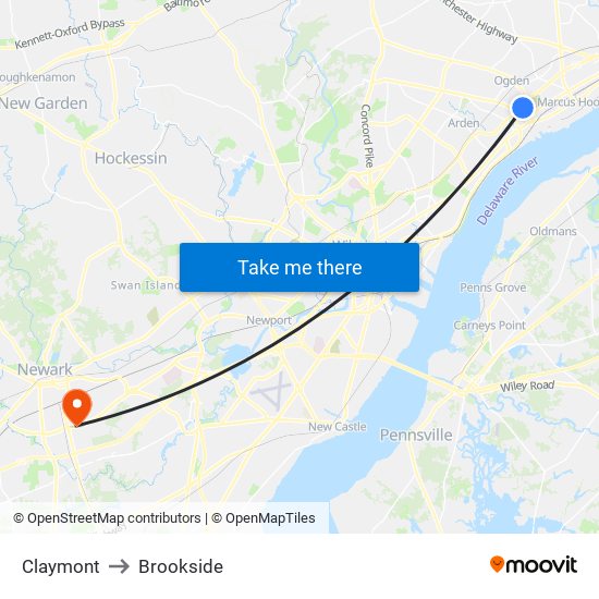 Claymont to Brookside map