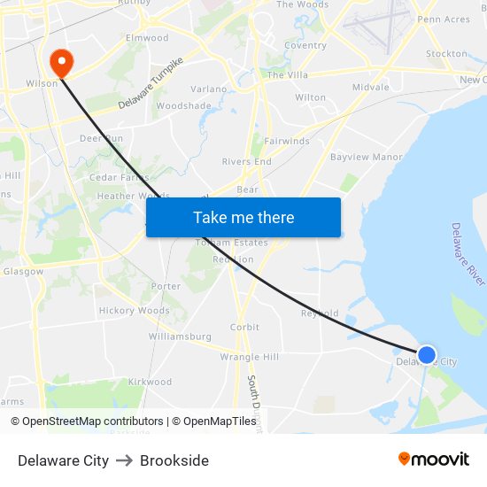 Delaware City to Brookside map
