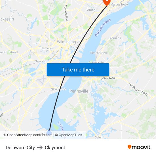 Delaware City to Claymont map