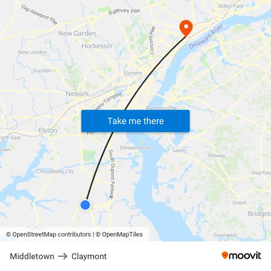 Middletown to Claymont map