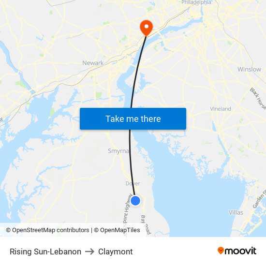 Rising Sun-Lebanon to Claymont map