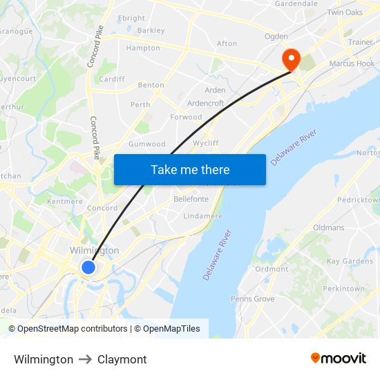 Wilmington to Claymont map