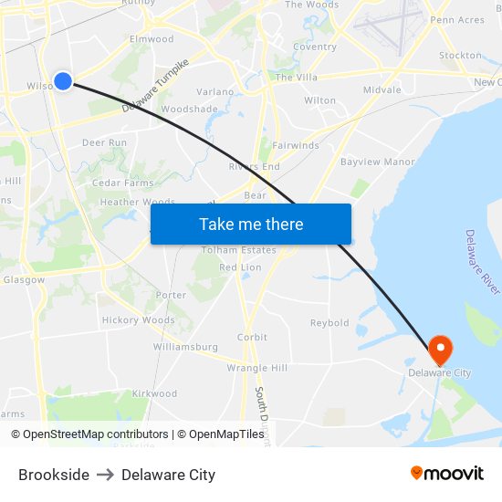 Brookside to Delaware City map