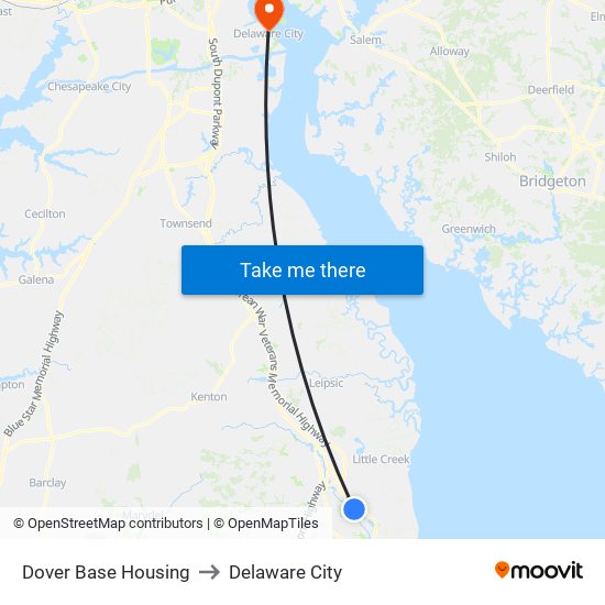 Dover Base Housing to Delaware City map