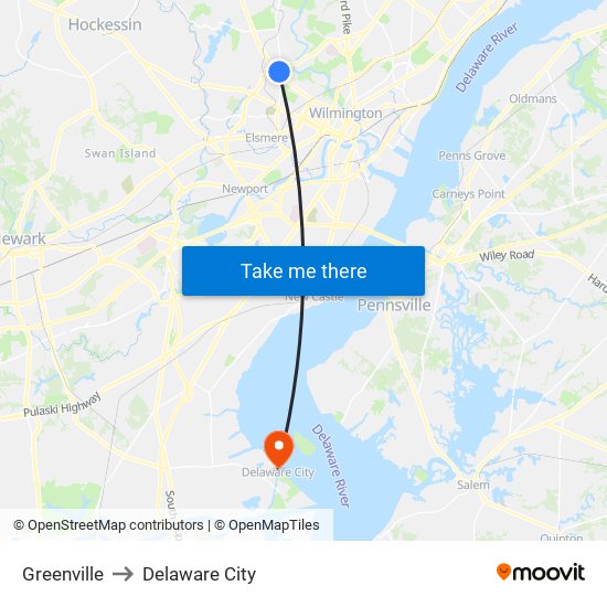 Greenville to Delaware City map
