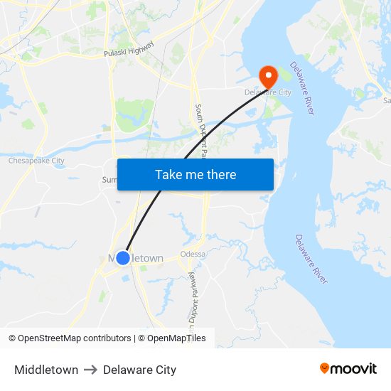 Middletown to Delaware City map