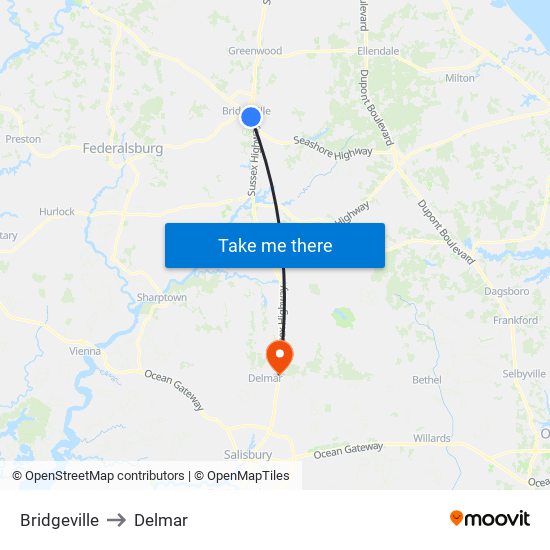 Bridgeville to Delmar map
