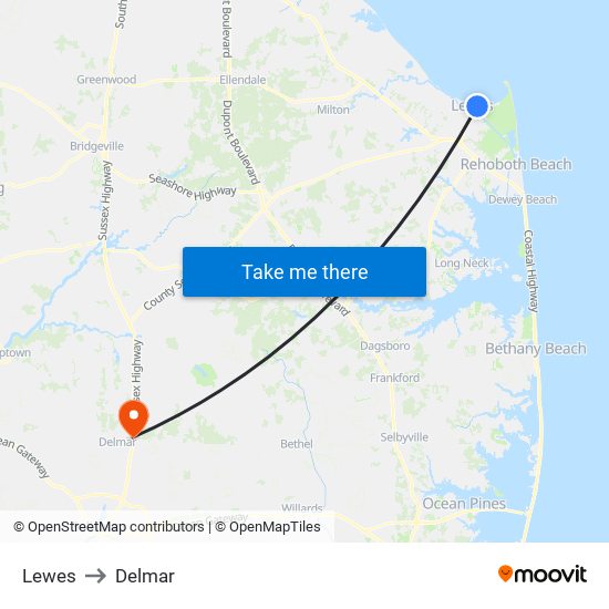 Lewes to Delmar map