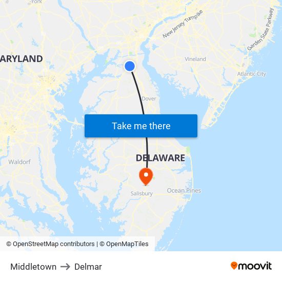 Middletown to Delmar map