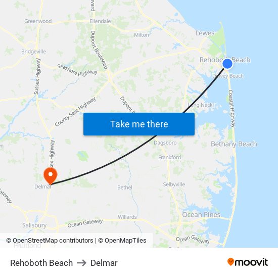 Rehoboth Beach to Delmar map