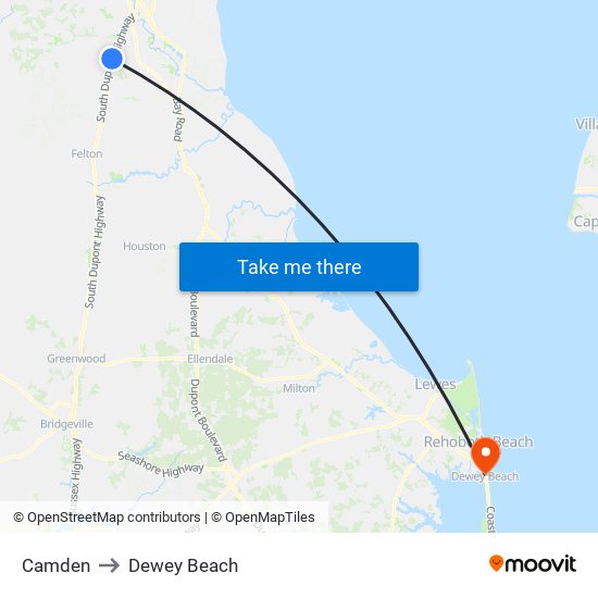 Camden to Dewey Beach map