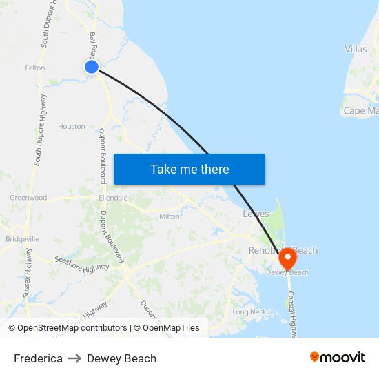 Frederica to Dewey Beach map