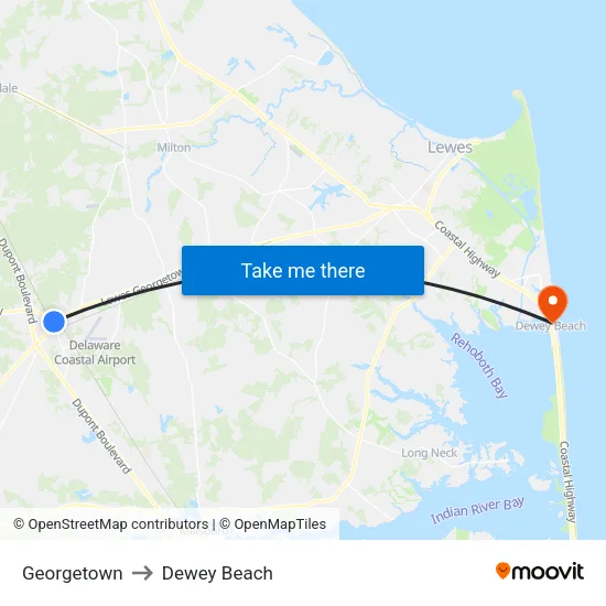 Georgetown to Dewey Beach map