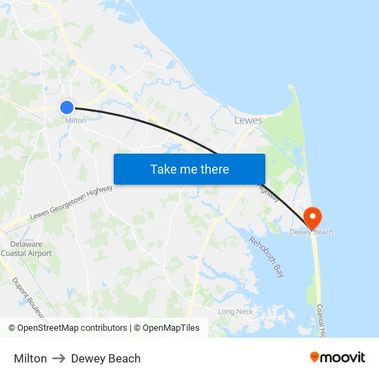 Milton to Dewey Beach map