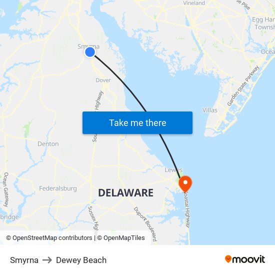 Smyrna to Dewey Beach map