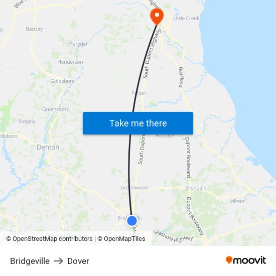Bridgeville to Dover map