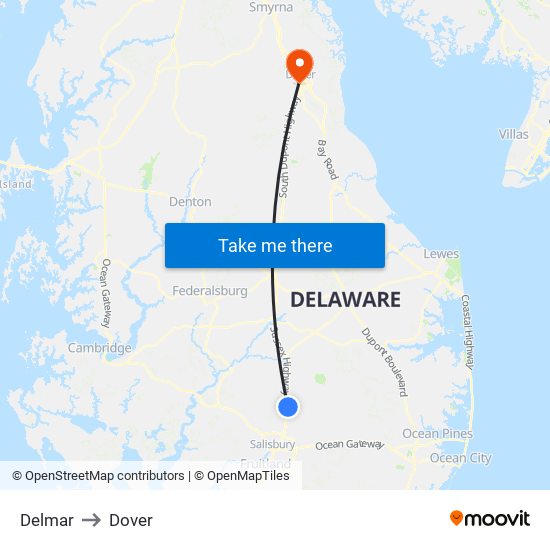 Delmar to Dover map