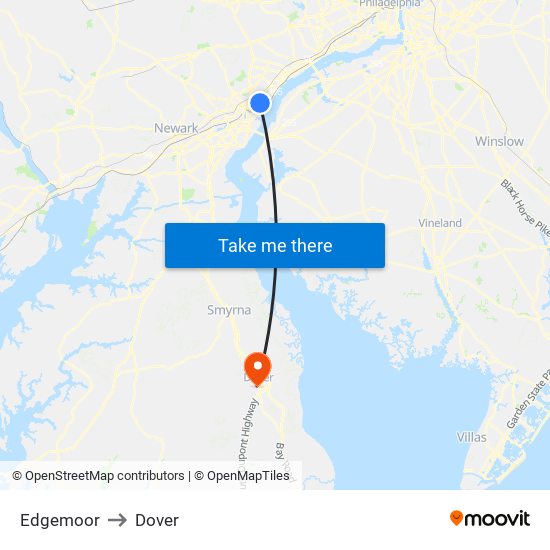 Edgemoor to Dover map