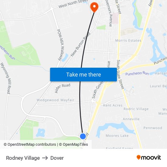 Rodney Village to Dover map