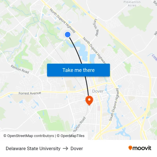 Delaware State University to Dover map