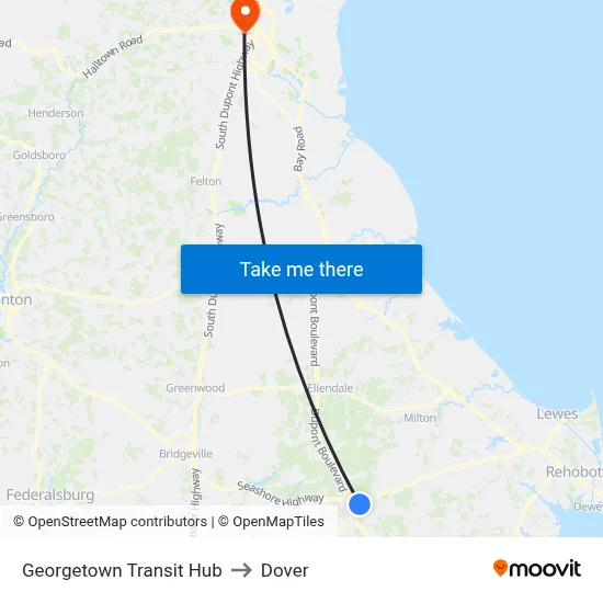 Georgetown Transit Hub to Dover map