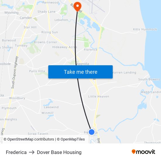 Frederica to Dover Base Housing map