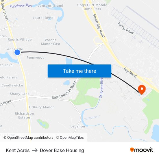 Kent Acres to Dover Base Housing map