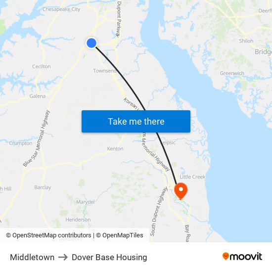 Middletown to Dover Base Housing map