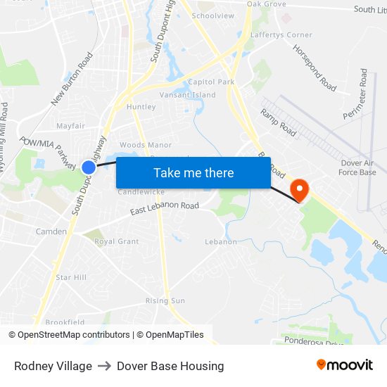 Rodney Village to Dover Base Housing map